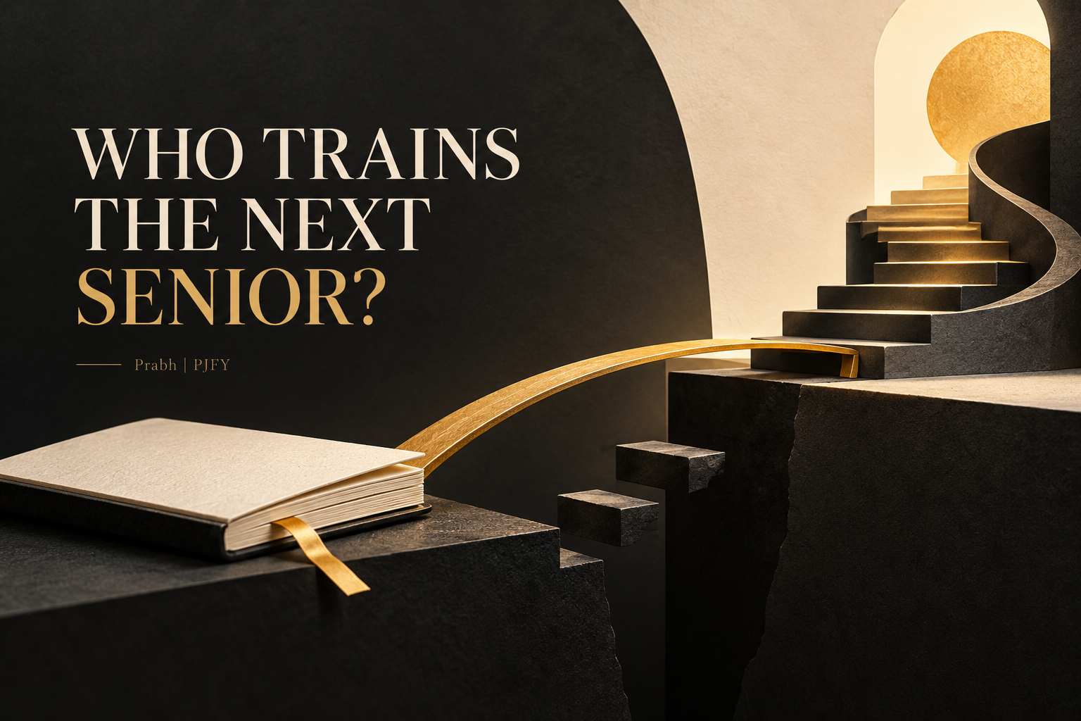 A golden bridge connects a beginner's notebook to a staircase, asking who trains the next senior.