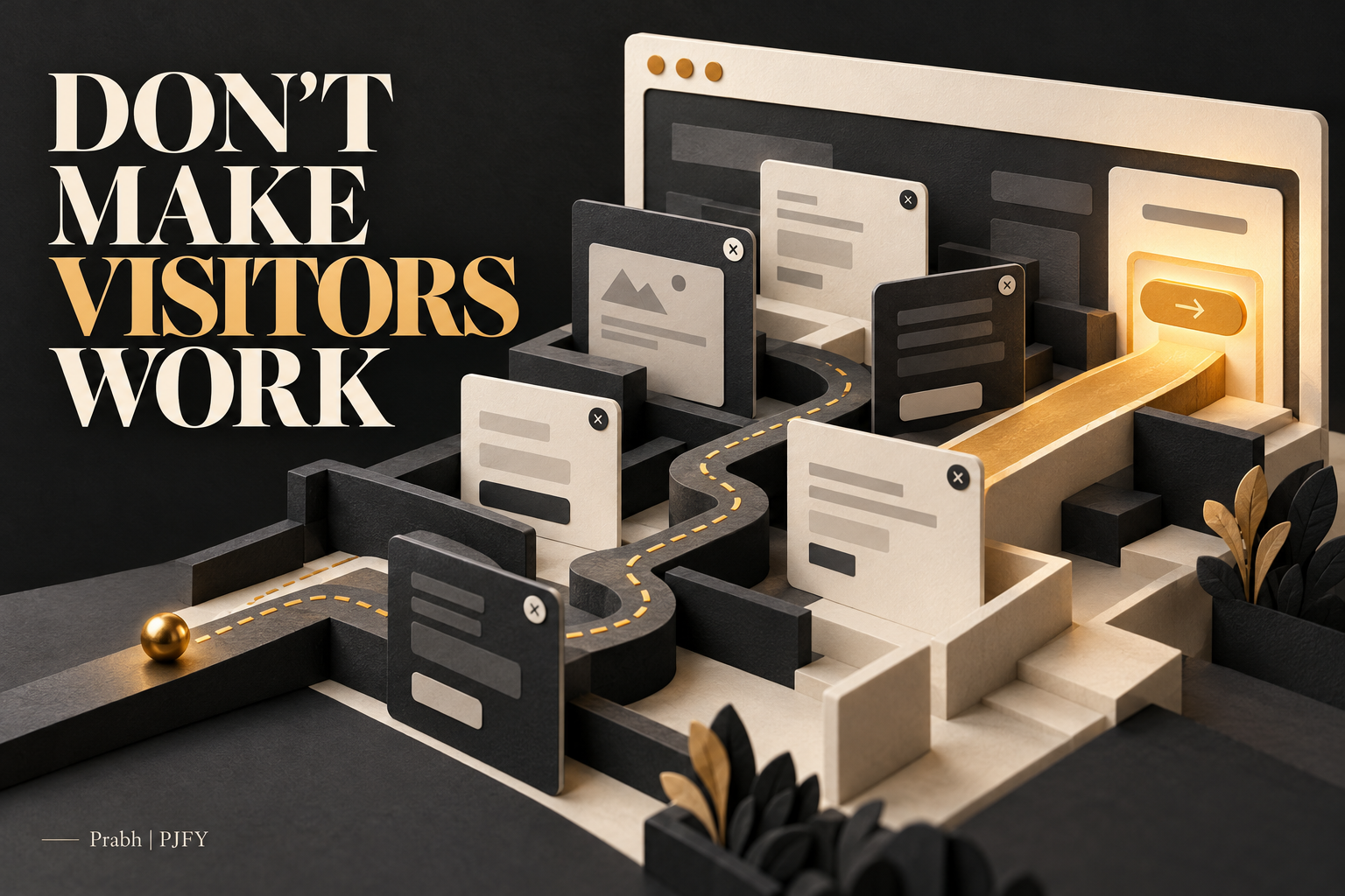 Website popups form an obstacle course beside a clear golden path to the next action.