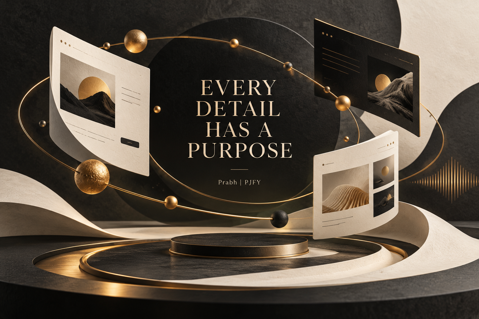 Website panels, motion curves and audio waves orbit the message: Every Detail Has a Purpose.