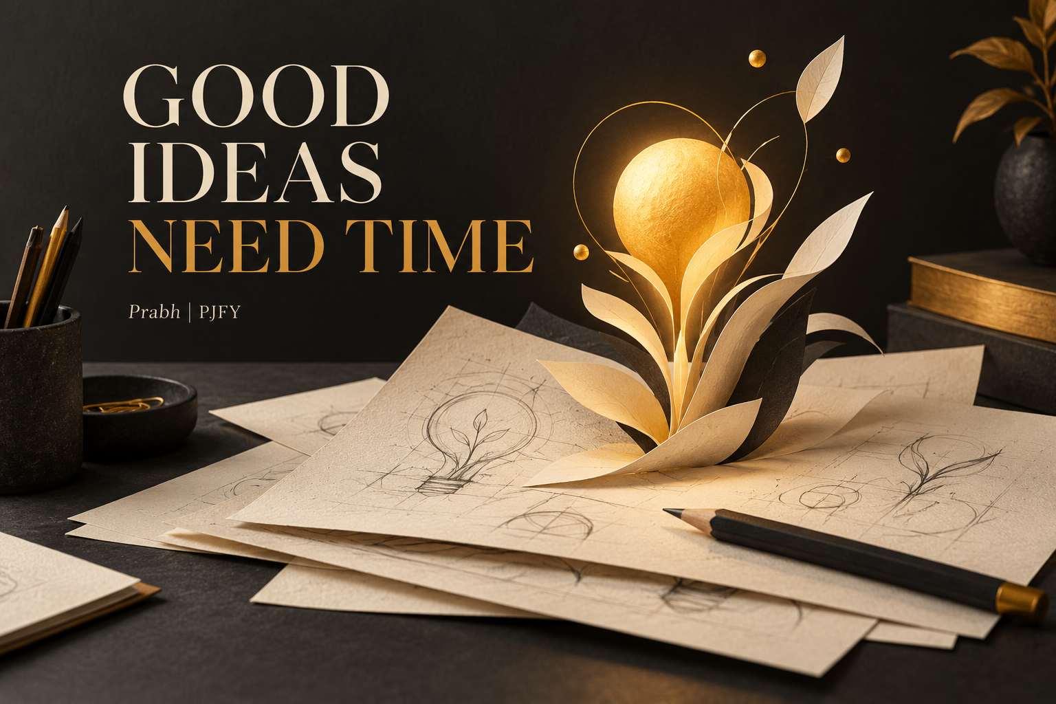 A quiet creative workspace with paper sketches and a glowing idea: Good Ideas Need Time.