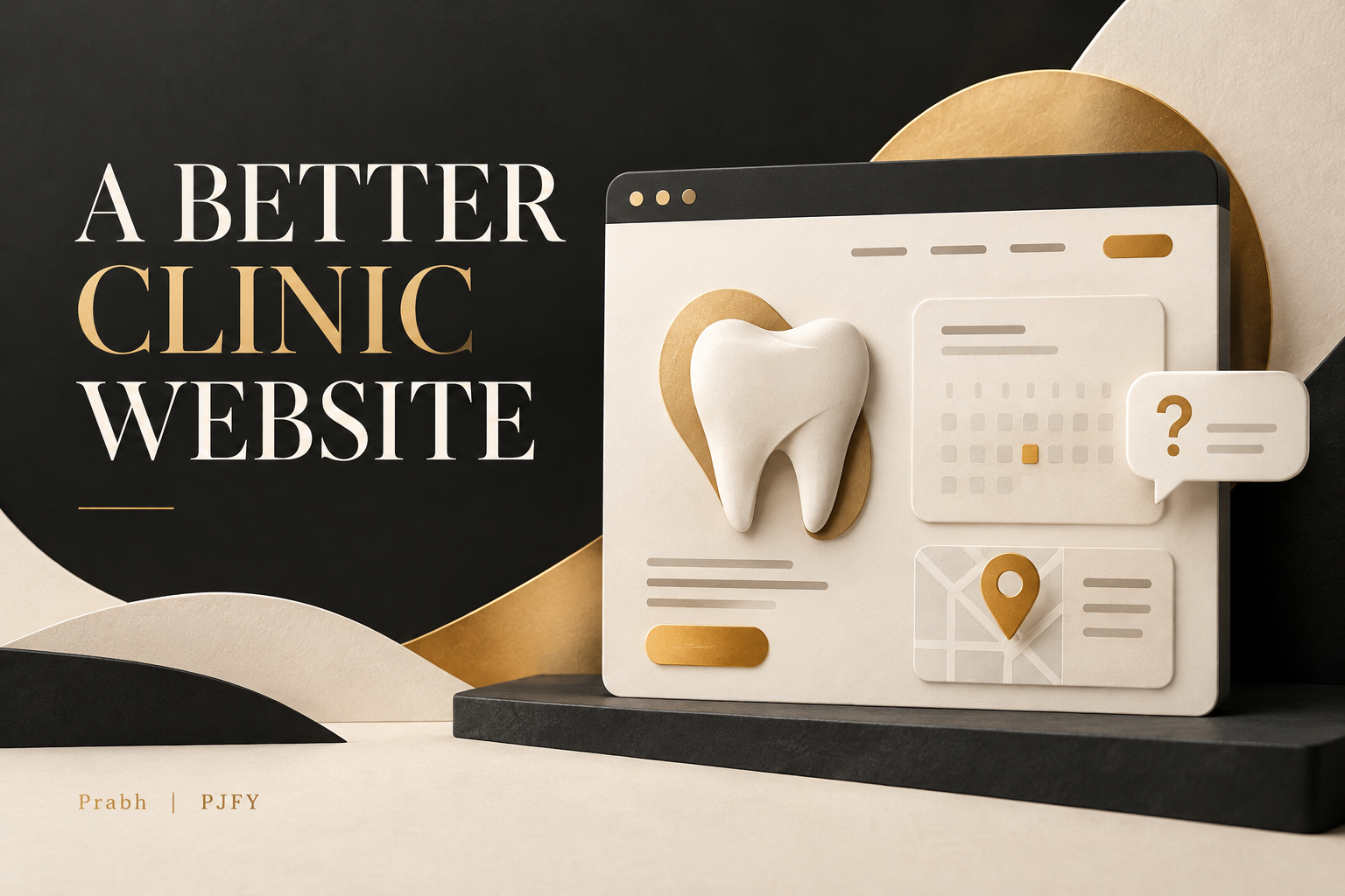 A clinic website illustration combines a tooth, appointment calendar, location pin and question bubble.