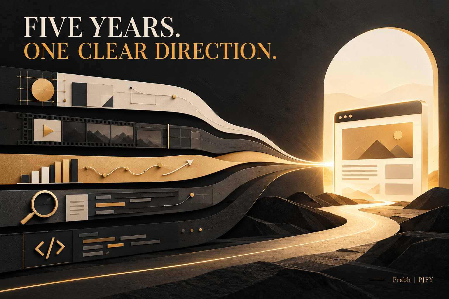 Creative disciplines converge into a website under the message: Five Years. One Clear Direction.