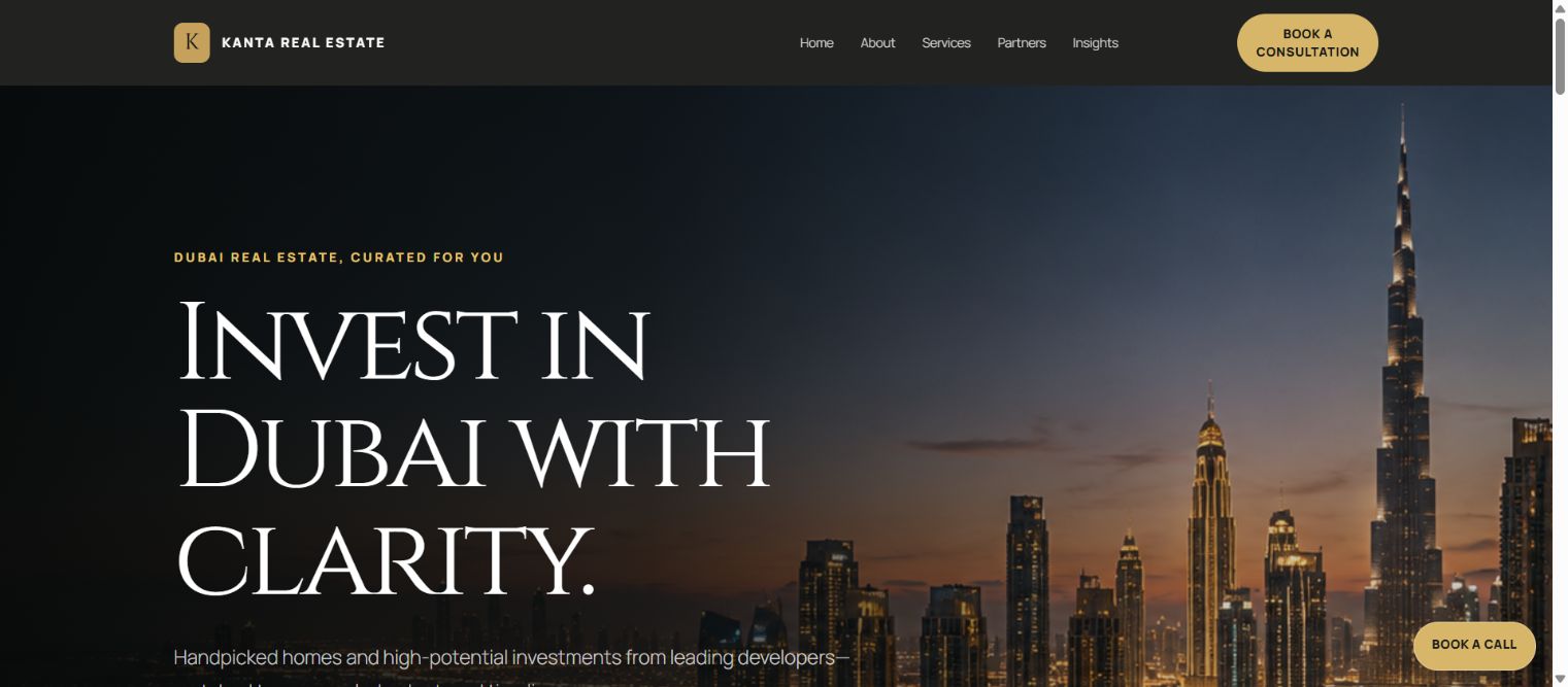 Kanta Real Estate website homepage with property advisory introduction