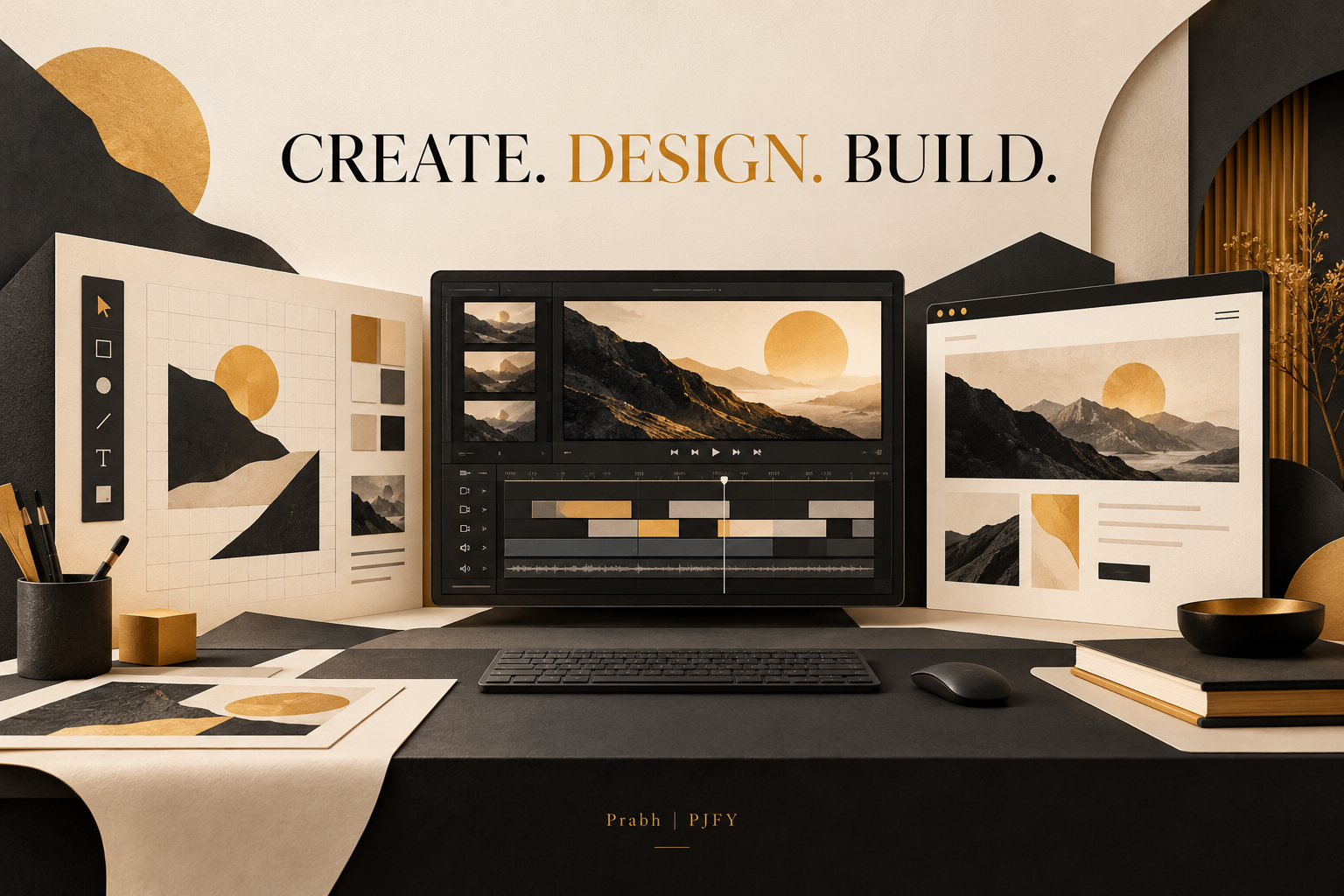 Graphic design, video editing and website layouts come together under Create. Design. Build.