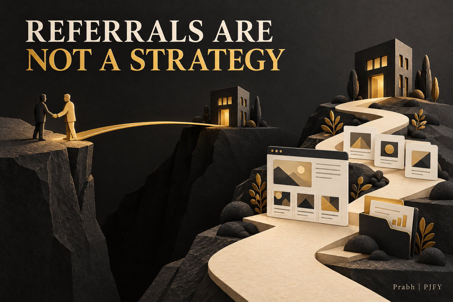 A referral handshake and website trust signals illustrate the need for a wider path to enquiries.