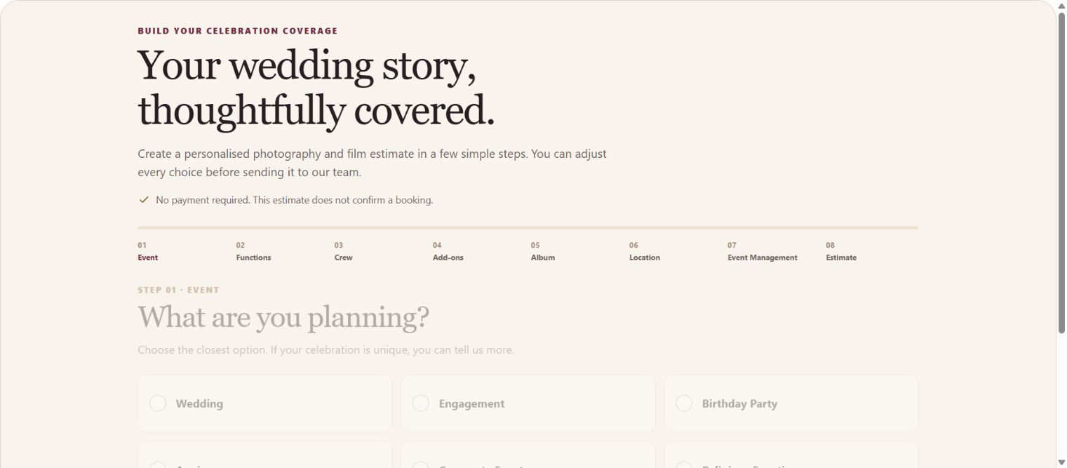 Wedding Coverage Calculator website homepage design