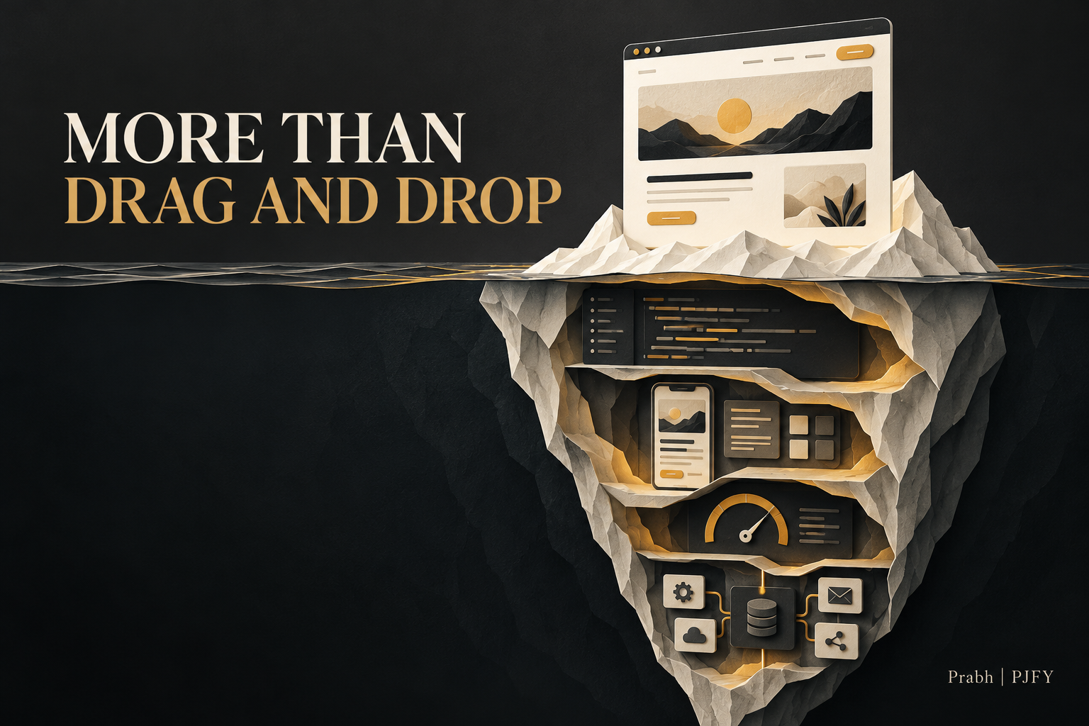 A website above an iceberg reveals hidden layers of code, mobile layout, performance and integrations.