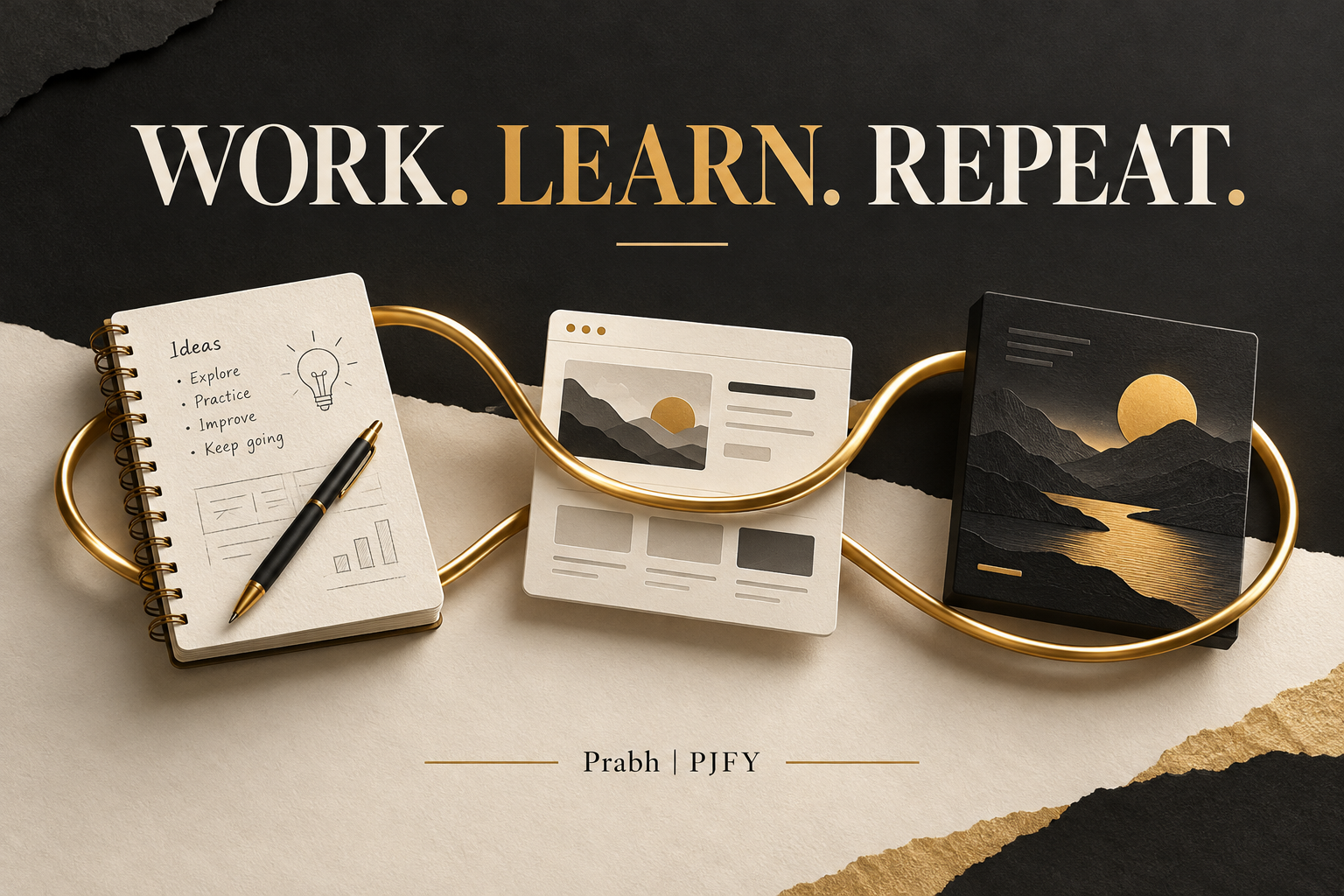 A golden loop links a notebook, website prototype and finished creative project: Work. Learn. Repeat.